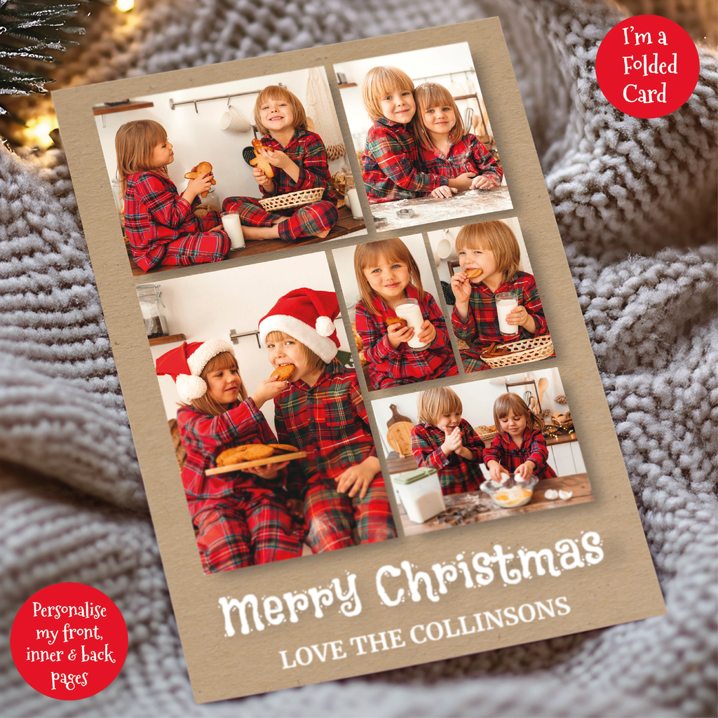 a christmas card with photos of children eating food