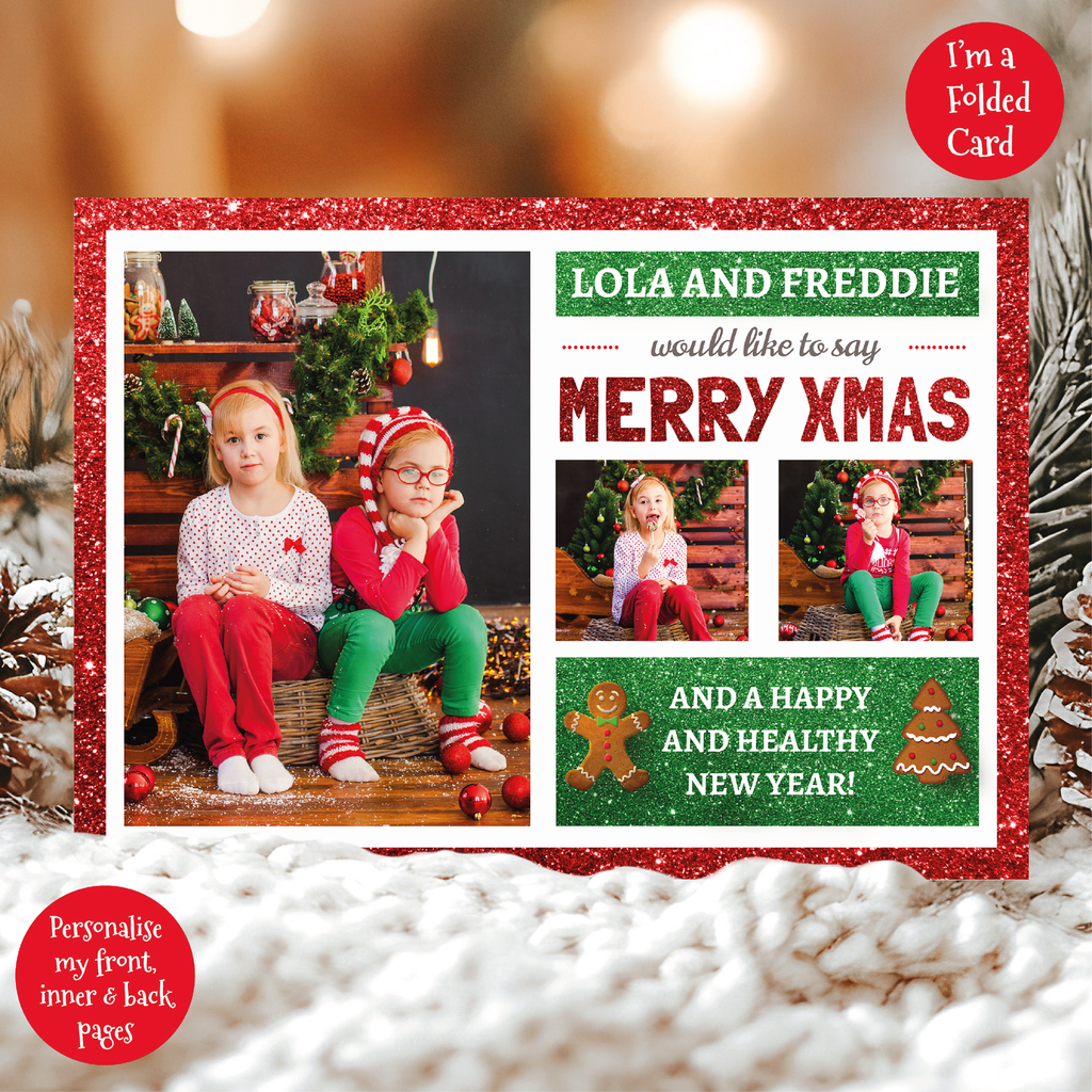 a christmas card with a picture of two children sitting on a bench