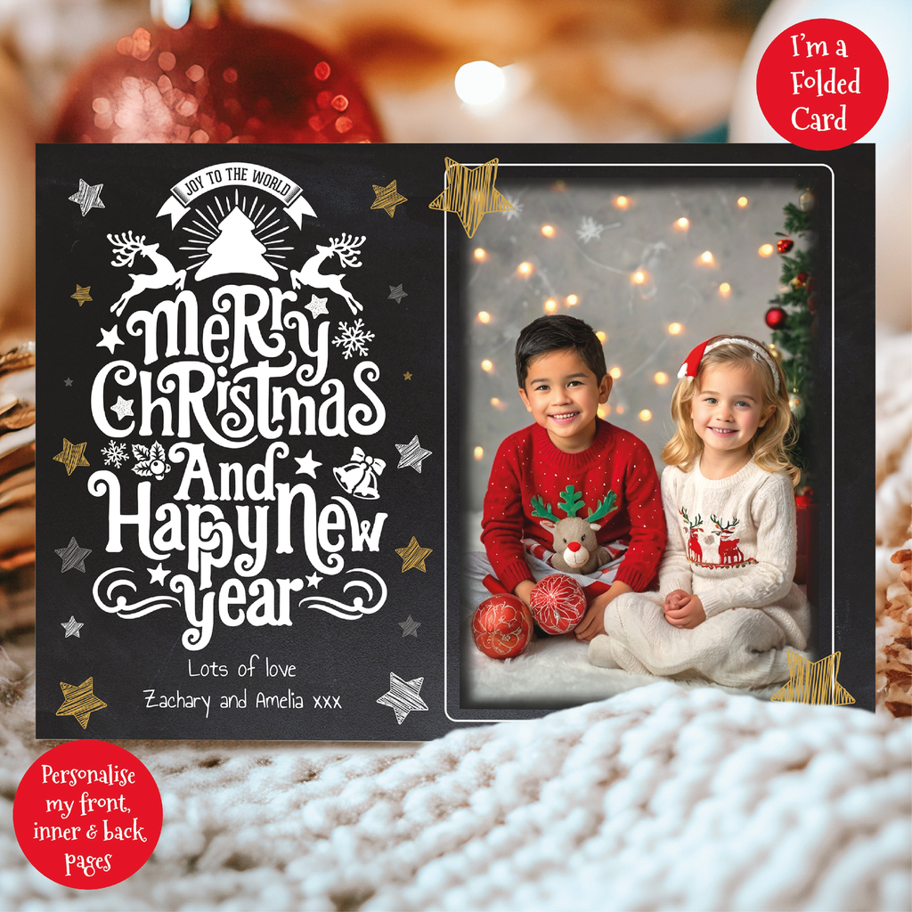 a christmas card with a picture of two children