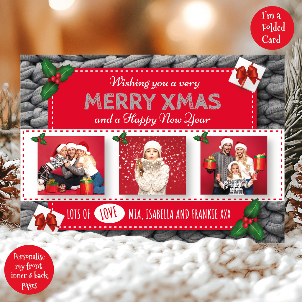 a christmas card with three photos of a family