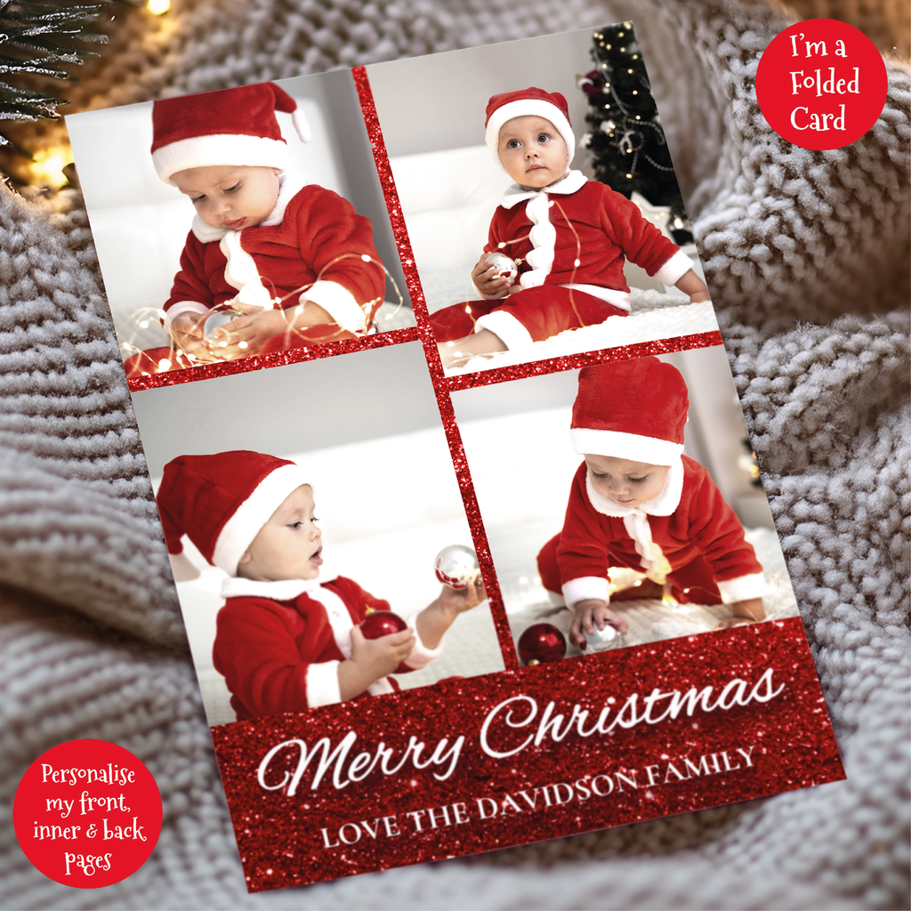 a christmas card with a photo of a baby in a santa hat