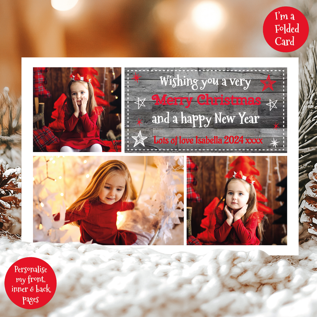 a christmas card with a photo of a girl in a red dress