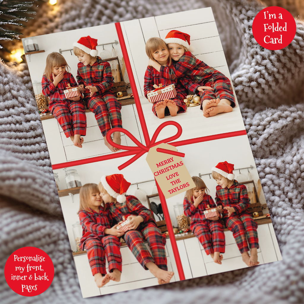 a christmas card with a photo of two girls in matching pajamas and a santa hat