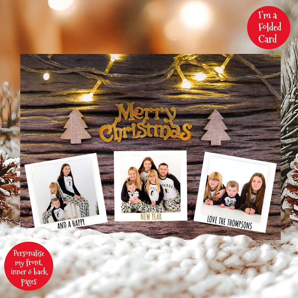 a christmas card with three photos of a family