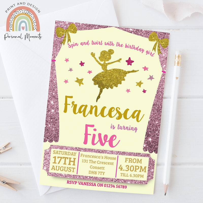 Personalised Ballerina Ballet Invitations for Girls - Pink & Gold Glitter Effect