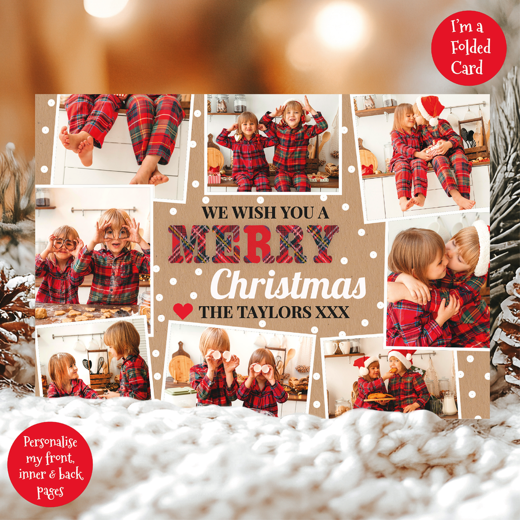 a christmas card with photos of a couple kissing