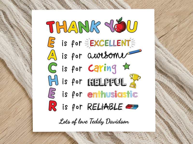 Personalised Thank You Teacher Card - End of Term School Nursery