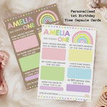 Personalised 1st Birthday Time Capsule Cards, Pastel Rainbow First Birthday Party Games