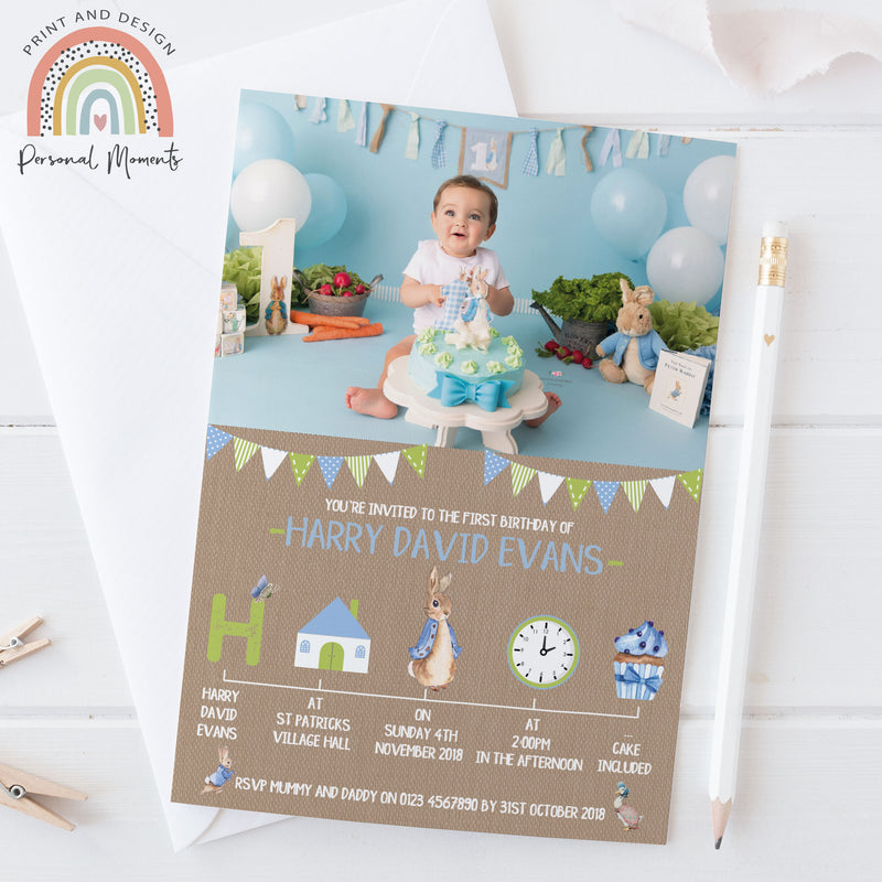 Personalised Photo Peter Rabbit Birthday Party Invitations