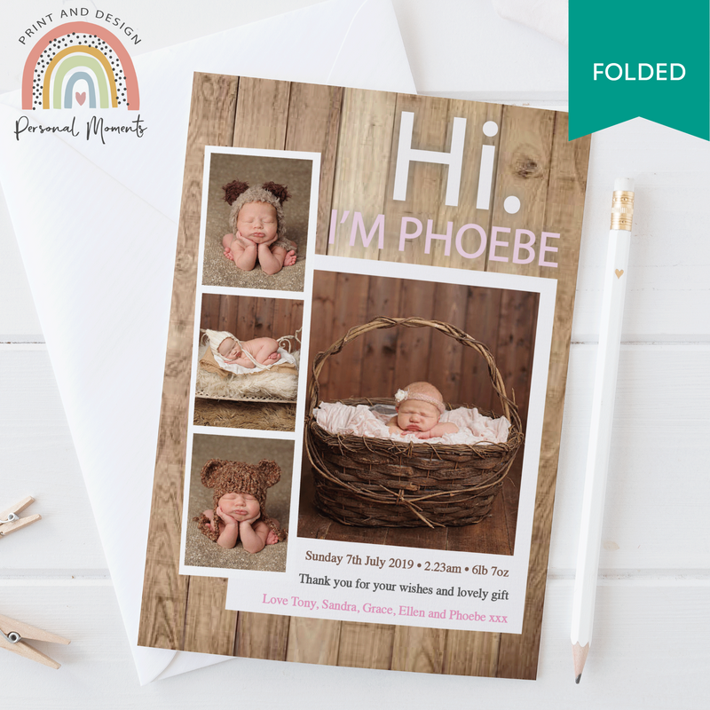 FOLDED Personalised New Baby Girl Thank You Cards with Your Own Photos - Customisable Designs and Fast Shipping