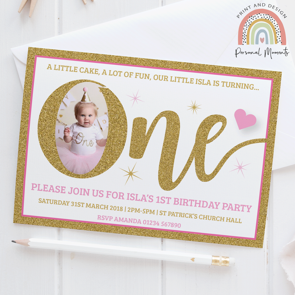 Personalised glitter 1st birthday invitations